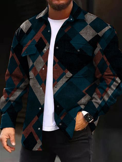 Mens Casual Jacket Retro Plaid Print Long Sleeve Pockets Shirt Jacket