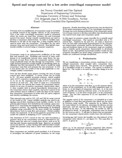 Pdf Speed And Surge Control For A Low Order Centrifugal Compressor Model