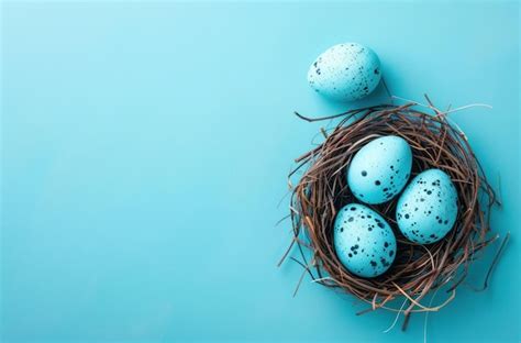 Premium Photo | Blue eggs decorated in a nest on a blue background