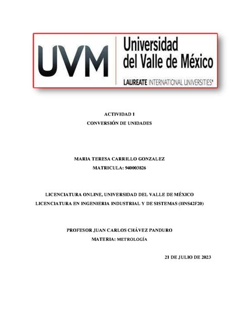 A Metrologia Uvm Actividad Conversi N De Unidades Maria Teresa