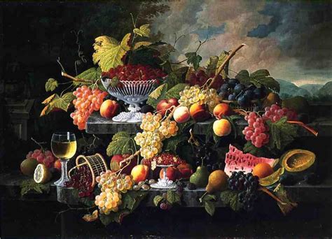 Fruits Nature Morte Avec Du Vin Verre Dans Un Paysage De Severin Roesen