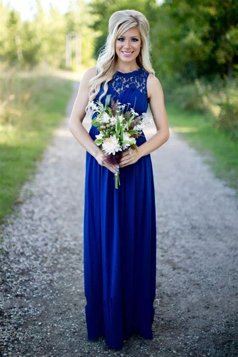 Country Bridesmaid Dresses 2016 Long For Wedding Royal Blue Chiffon Lace Illusion Neck Sheer