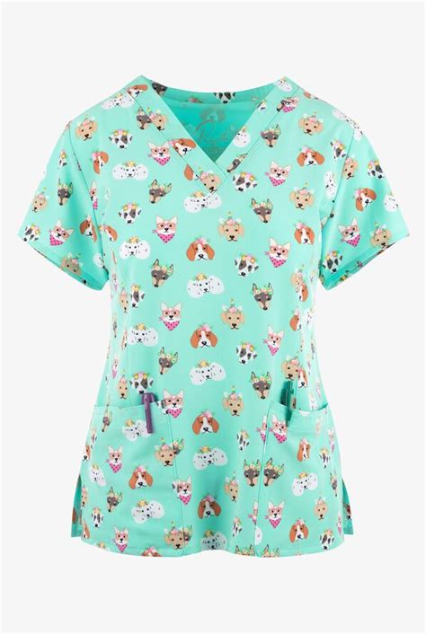 Maevn Picture Perfect Cats And Dogs Womens 3 Pocket V Neck Print Scrub