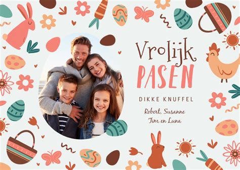 Paaskaart Vrolijk Pasen Paashaas Kip Eieren Kaartje2go