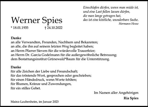 Traueranzeigen Von Werner Spies Vrm Trauer De