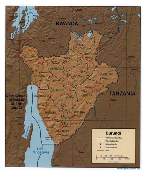 Grande detallado mapa político y administrativo de Burundi con relieve