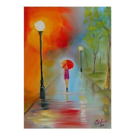 Woman With A Red Umbrella Rainy Day Painting Poster Umbrella Painting