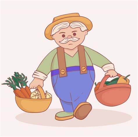 Cute Farmer Character Grandfather With Two Baskets Of Crops