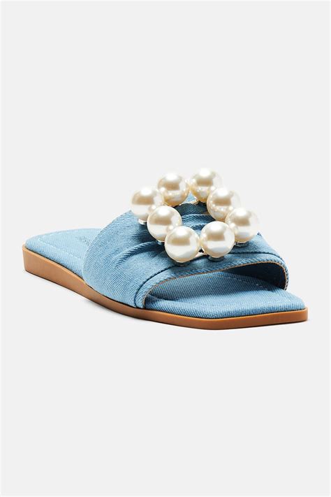 Pretty Pearls Flat Sandals - Denim | Fashion Nova
