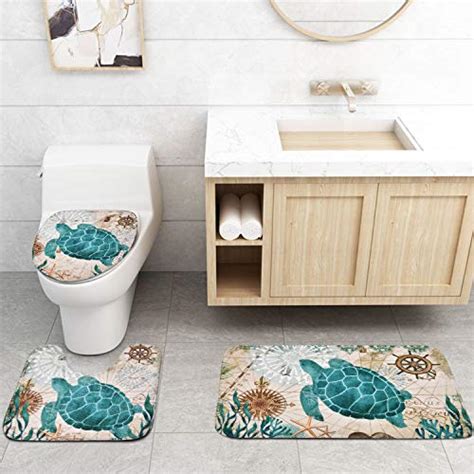 Pknoclan 4 Pcs Sea Turtle Shower Curtain Sets With Non Slip Rug Toilet