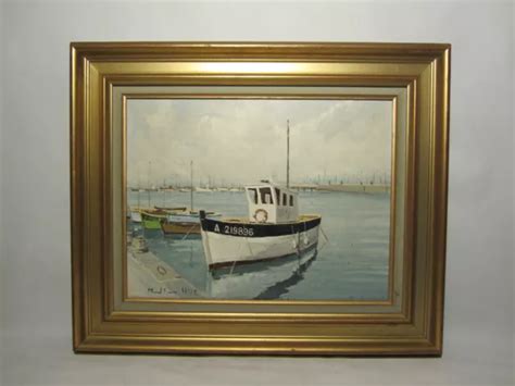 ANCIEN TABLEAU HUILE SUR TOILE MARCEL HUE MARINE PORT BATEAUX HST XX