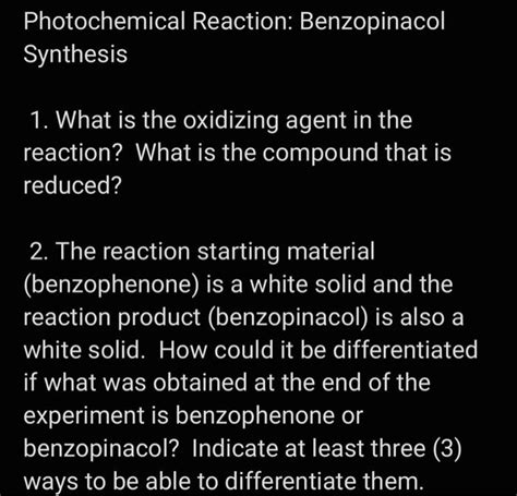 Solved Photochemical Reaction Benzopinacol Synthesis Chegg