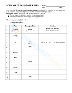 Conjugate acid base pairs worksheets