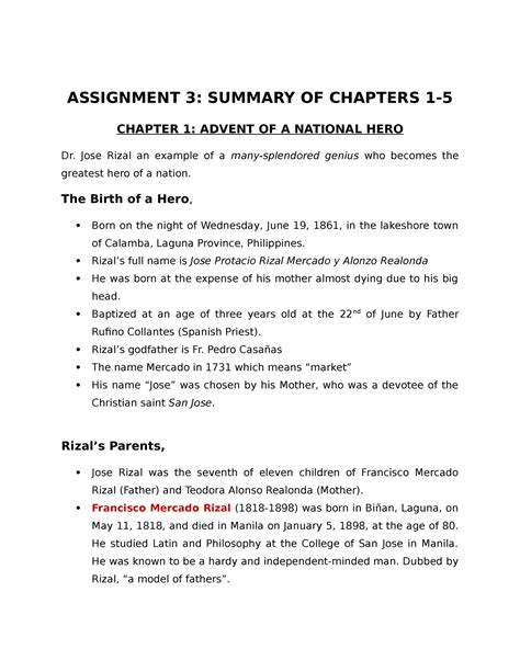 Life And Works Of Rizal Zaide Chapter Summaries Assignment