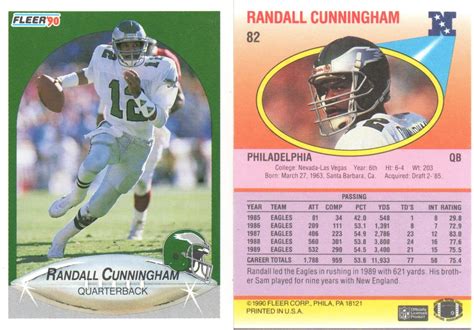 1990 Randall Cunningham, Eagles, 2 Fleer #82, #F1459