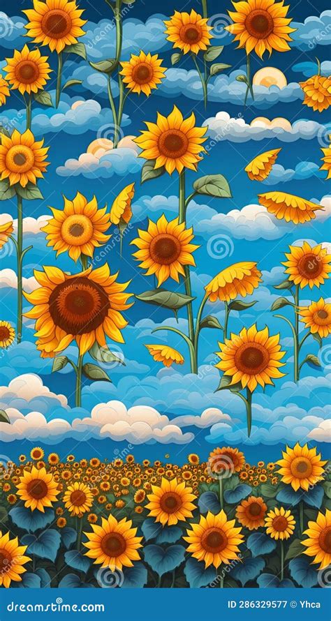 Sunflower Field With Blue Sky And Fluffy Clouds During Sunset Stock