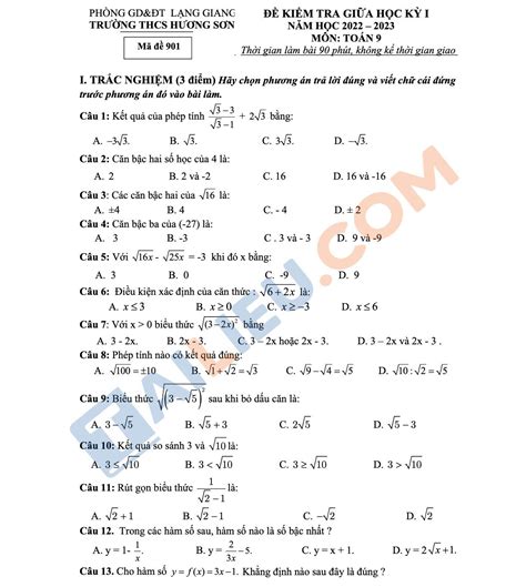 Bộ đề thi giữa học kì 1 lớp 9 môn Toán có đáp án năm 2022 2023 THCS
