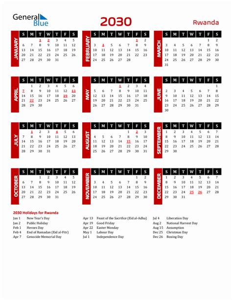 2030 Rwanda Calendar With Holidays