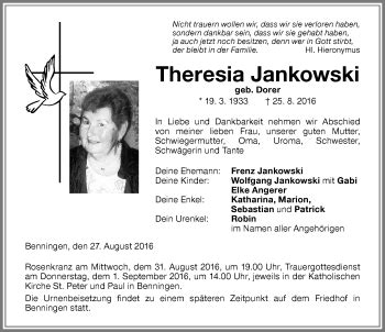 Traueranzeigen Von Theresia Jankowski Allg Uer Zeitung