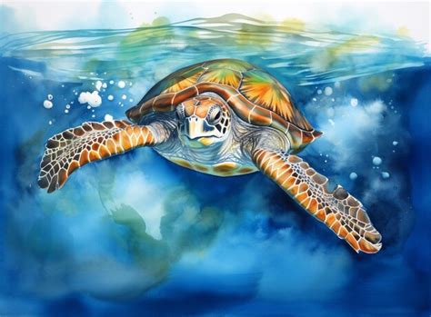 Pintura de una tortuga nadando en el océano con burbujas saliendo de su