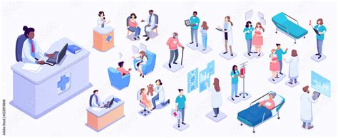 Isometric Illustration Of Medical Workers And Patients Hospitals