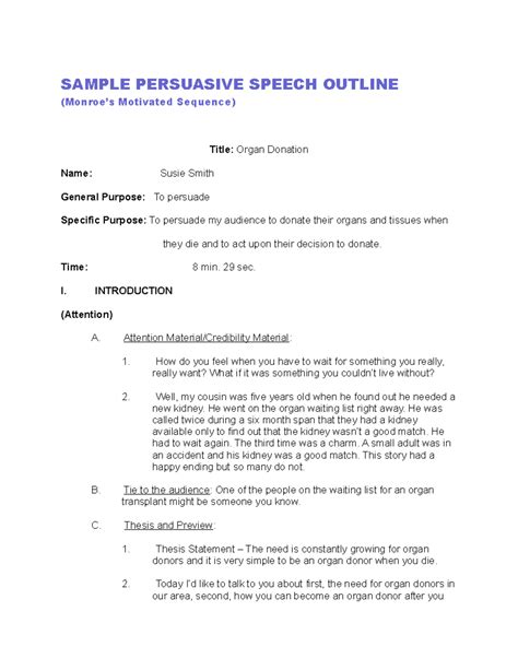 Sample Persuasive Speech Outline Monroe Motivated Sequence Sample Persuasive Speech Outline