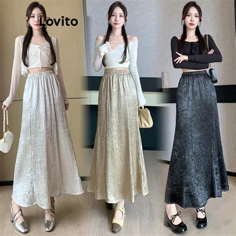 Lovito Women Casual Plain Structure Line Skirts Lne Shopee