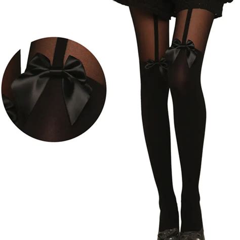 Sexy Tights Pantyhose Vintage Tattoo Mock Bow Suspender Sheer Stocking