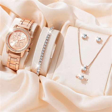 Pcs Set Luxury Watch Women Ring Necklace Earrings Rhinestone Fashion