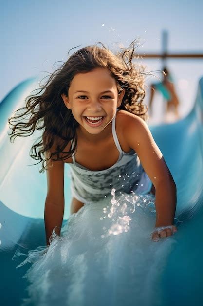 Premium Photo Little Girl Diving Headfirst Down A Water Slide At A