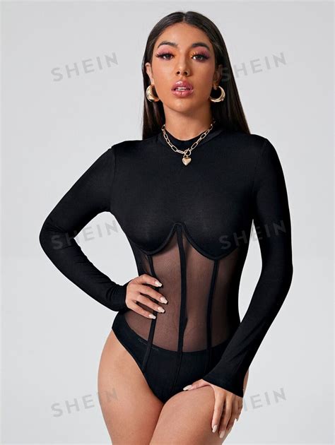 SHEIN BAE Mock Neck Seam Front Sheer Mesh Insert Bodysuit SHEIN USA