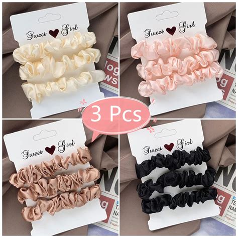 3pcs Set Woman Silk Hair Scrunchies Set Solid Colors Rubber Band Girls