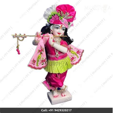 Inches Iskcon White Radha Krishna Marble Statue With Pink Green