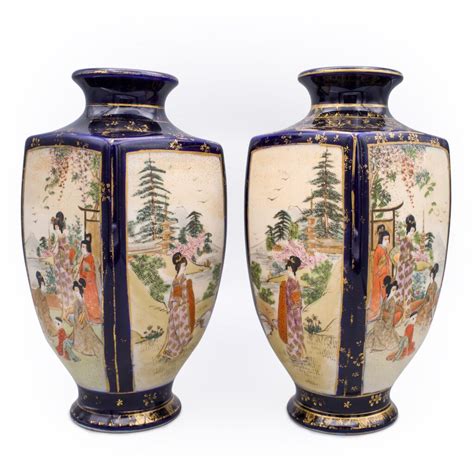 Pair Of Antique Japanese Blue Ground Satsuma Vases By Kusube Sennosuke