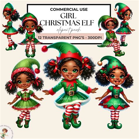 Girl Elf Clipart Black Girl Elf Watercolor Santa Elf Clipart Cute