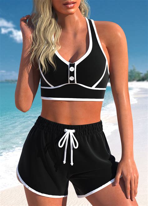 ROTITA Quick Drying Criss Cross Black High Waisted Bikini Set Rotita