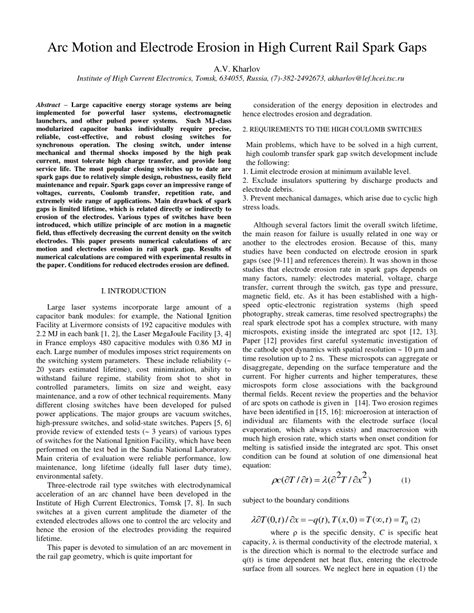 Pdf Arc Motion And Electrode Erosion In High Current Rail Spark Gaps