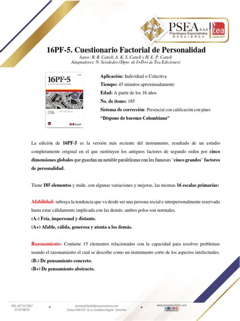 Ficha Técnica 16pf 5 Cuestionario Factorial De Personalidad Pdf