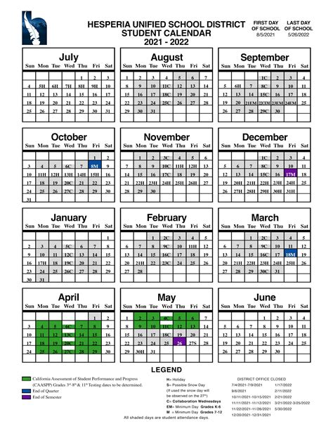 Hesperia Unified School District Student Calendar - Hesperia Recreation ...