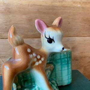 Vintage Ceramic Deer Planter Hand Painted Pottery Wide Fawn Bambi