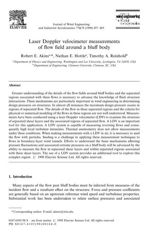 Pdf Laser Doppler Velocimeter Measurements Of Flow Field Around A