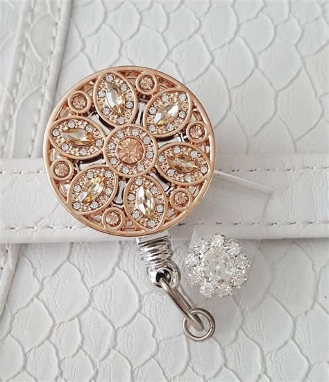 Retractable Id Badge Holder Rose Gold Rhinestone Bling Id Badge Reel