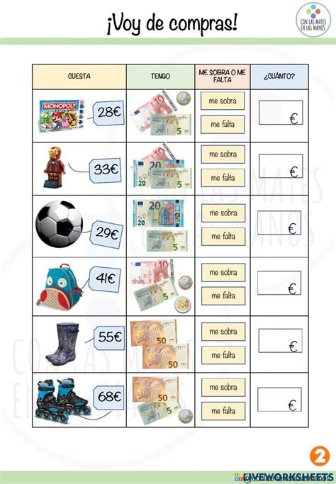 Ficha online de Monedas y billetes para 2º o 3º de primaria Puedes