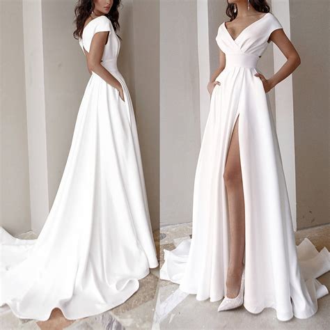 Ladies White V Neck Long Dress - Wedding Guests Evening & Formal Party ...