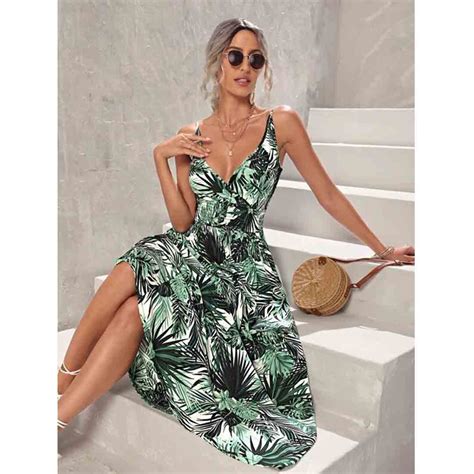 Women Palm Leaf Print Sexy V Neck Casual Summer Maxi Beach Dress Apricus Fashion Premiere