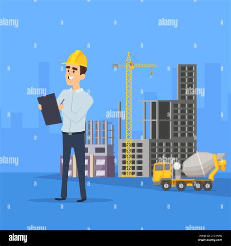 Construction background. builder standing on construction outdoor place. Vector illustration in ...