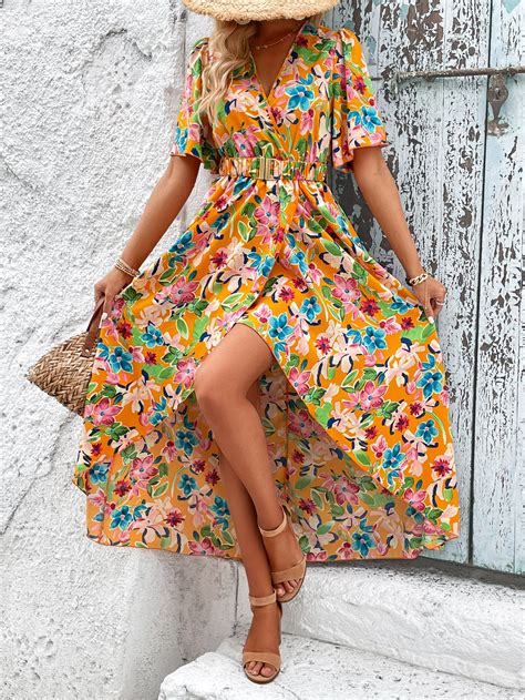 SHEIN VCAY Allover Floral Print Butterfly Sleeve Wrap Hem Belted Dress