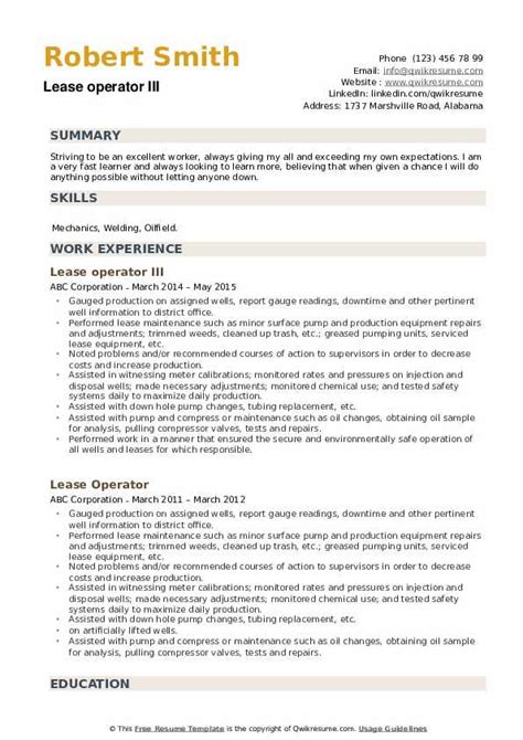 Lease Operator Resume Samples Qwikresume