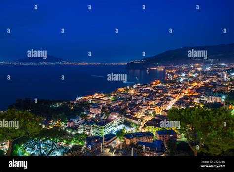 Panoramic View Of Sorrento And The Bay Of Naples In Italy At Night