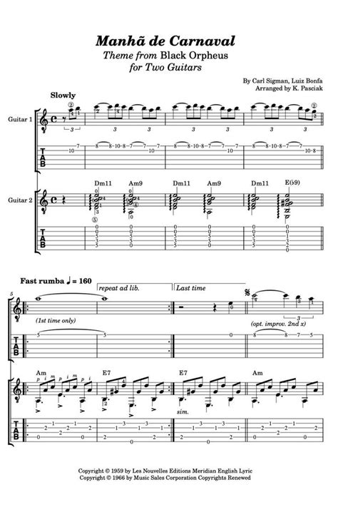 Manhã De Carnaval Black Orpheus For Two Guitars Sheet Music